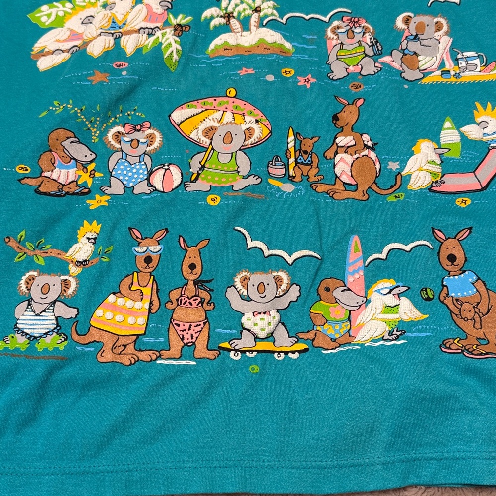 Vintage Teal 90s Australia Wildlife Animals at the Beach Retro Puff Print Tee - Picture 4 of 11
